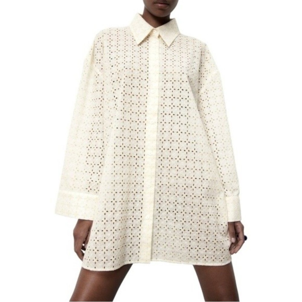 Zara Cream Eyelet Button-Up Blouse